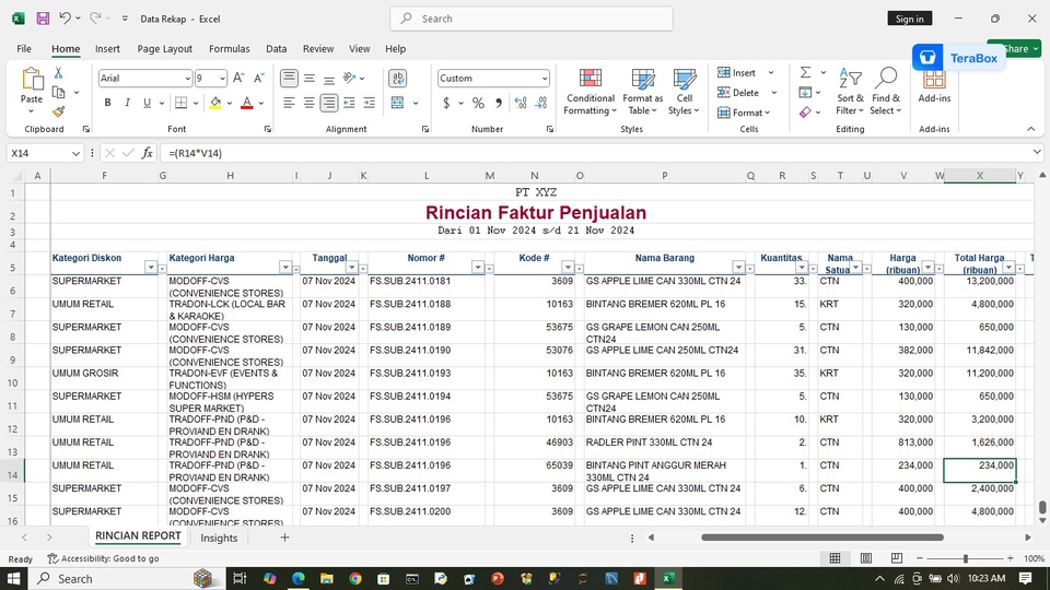 Jasa input data excel rincian faktur penjualan dengan kolom kategori, tanggal, kode, nama barang, kuantitas, satuan, harga, total harga.