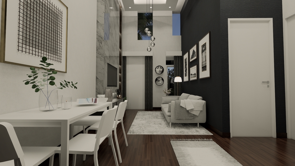 Desain interior ruang makan dan ruang tamu modern minimalis dengan interior studio podcast.