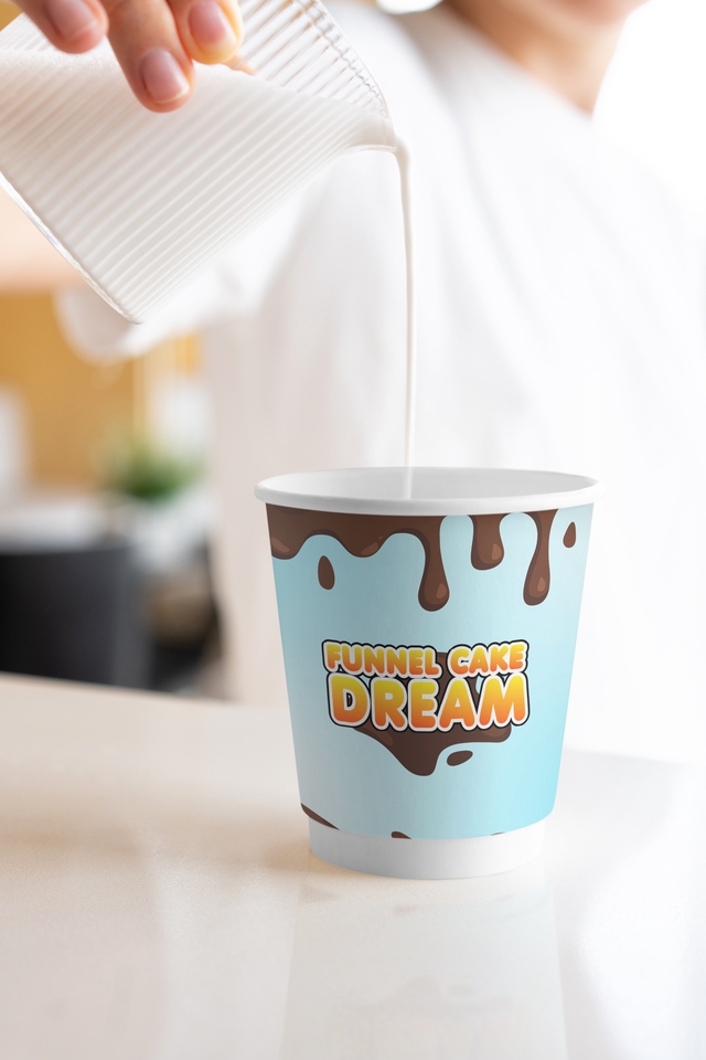 Desain kemasan cup plastik minuman dengan tema funnel cake, desain kemasan unik dan menarik, cocok untuk usaha minuman.