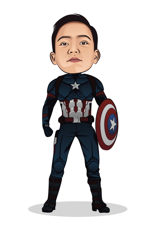 Jasa desain karakter kartun pria dengan kostum Captain America, karakter ilustrasi digital, jasa buat karakter