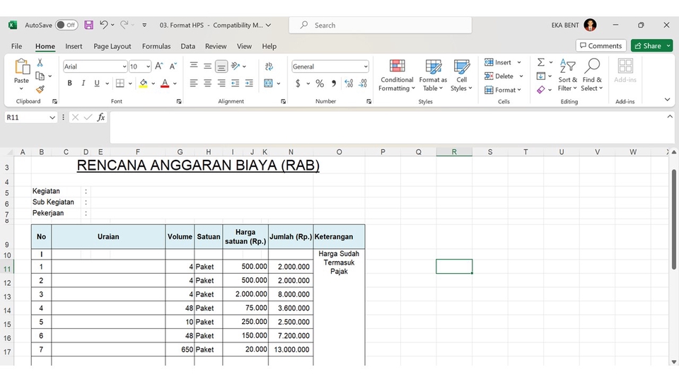 Rencana anggaran biaya atau RAB untuk proyek keuangan dengan detail item biaya, volume, harga satuan, dan total biaya.
