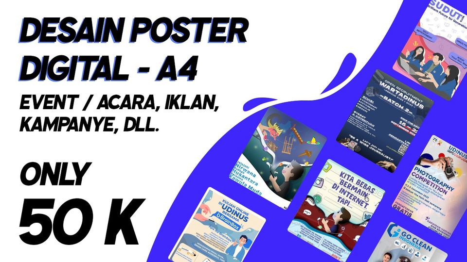 Jasa desain poster digital A4, desain poster event, acara, iklan, kampanye, dll, harga 50k, desain poster murah, desain poster online, jasa buat poster.