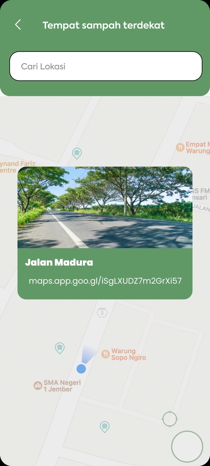 Desain UI UX untuk aplikasi mobile yang menampilkan peta jalan dengan penanda lokasi terdekat.