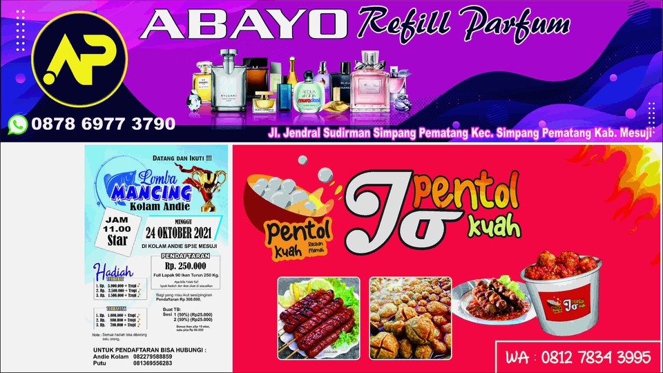 Jasa desain spanduk online untuk promosi lomba renang dan pentol kuah. Gunakan desain spanduk profesional untuk menarik perhatian pelanggan.