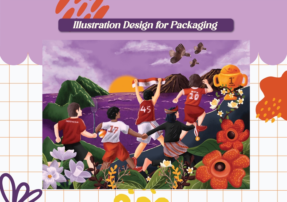 Ilustrasi kartun anak-anak sedang bermain olahraga dengan latar belakang pemandangan alam dan pegunungan, cocok untuk desain kemasan produk anak-anak.