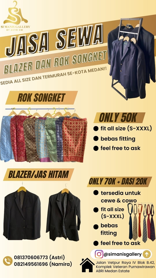 Jasa sewa blazer dan rok songket untuk pria dan wanita di Medan, tersedia berbagai ukuran, bebas fitting, harga mulai 50rb.