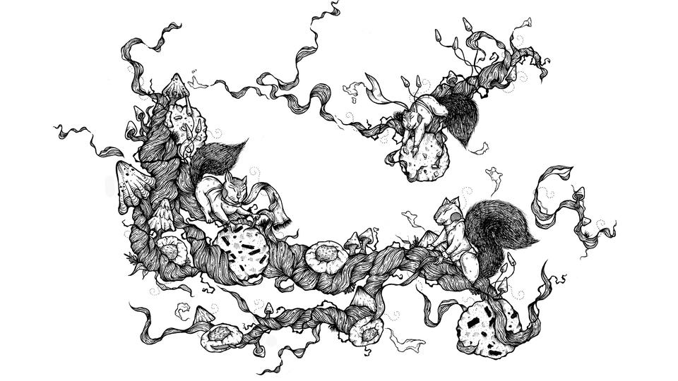 วาดภาพประกอบลายเส้นขาวดำสไตล์แฟนตาซี