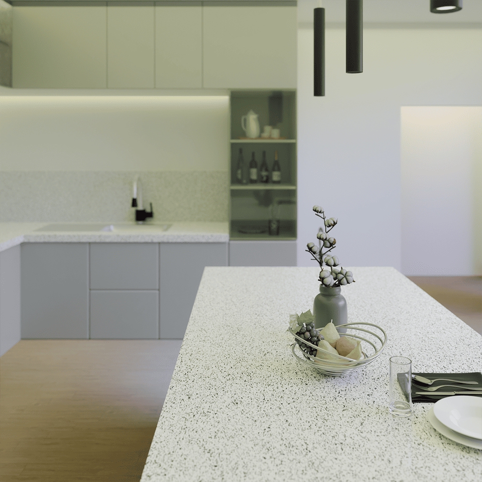 Desain lemari minimalis modern dengan rak buku terbuka dan meja dapur bertekstur unik.