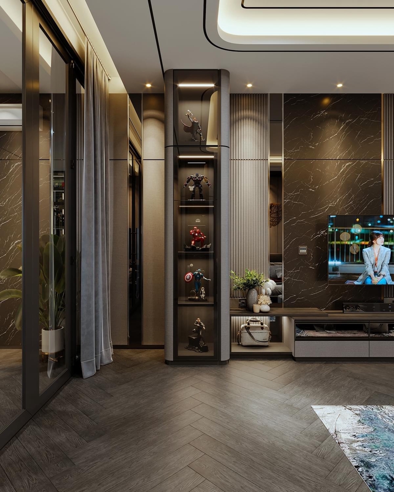 Desain interior ruang tamu dengan rak pajangan minimalis dan desain interior modern