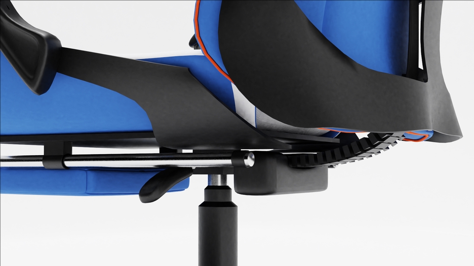 Jasa desain 3d untuk model kursi gaming minimalis dengan warna biru dan hitam.