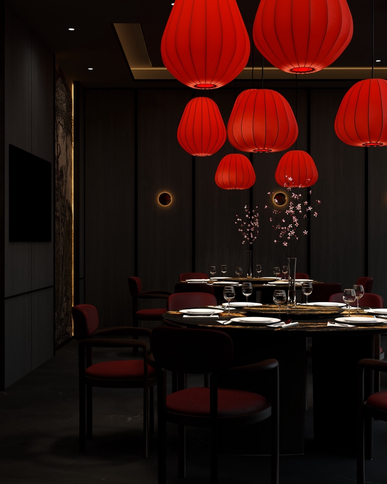 Jasa desain interior cafe minimalis modern dengan pencahayaan lampu merah