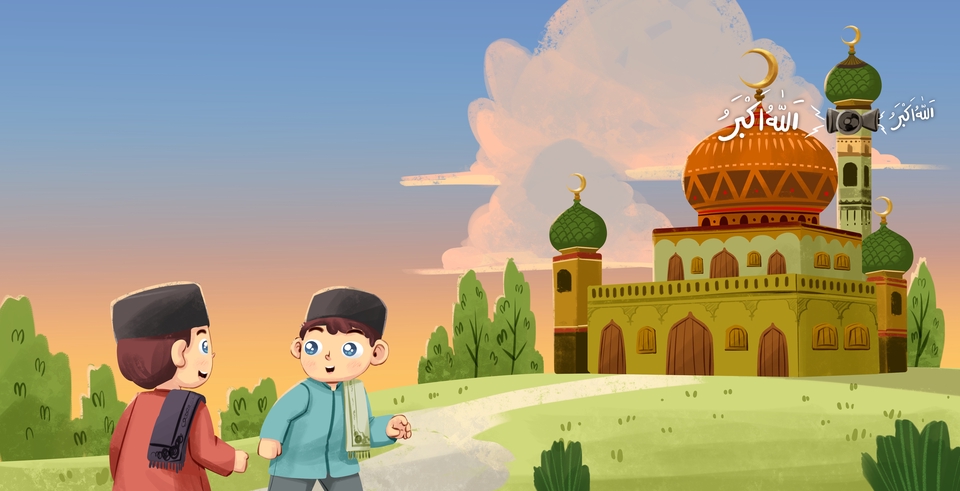 Jasa ilustrasi digital dua orang anak laki laki dengan baju muslim di depan masjid