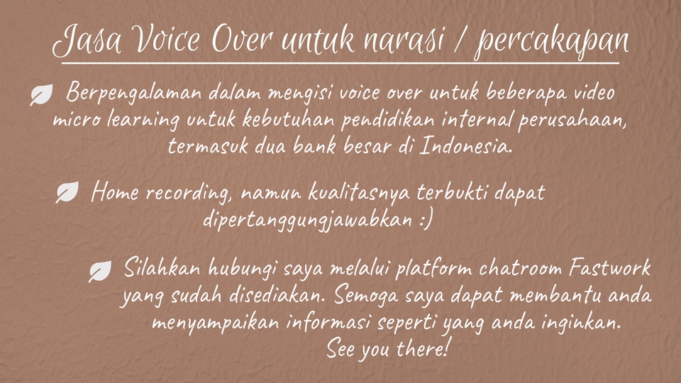 Sulih suara (dubbing, looping) - Jasa Voice Over (VO) Bahasa Indonesia dan Bahasa Inggris. - 3