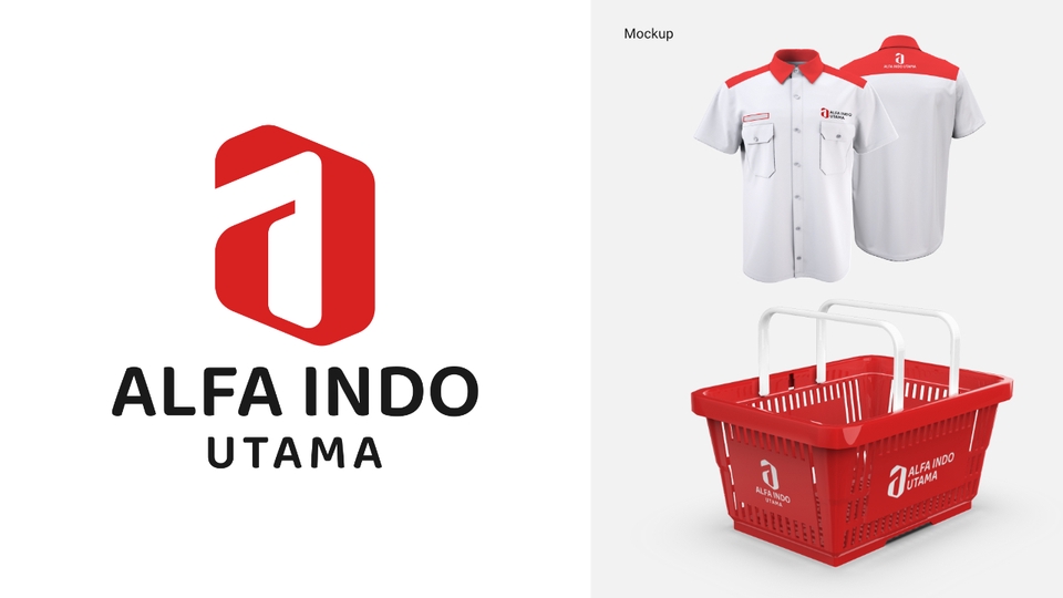 Desain logo Alfa Indo Utama dengan logo A merah dan keranjang belanja merah. Jasa desain logo online, desain logo keren, bikin logo perusahaan, buat logo esport.