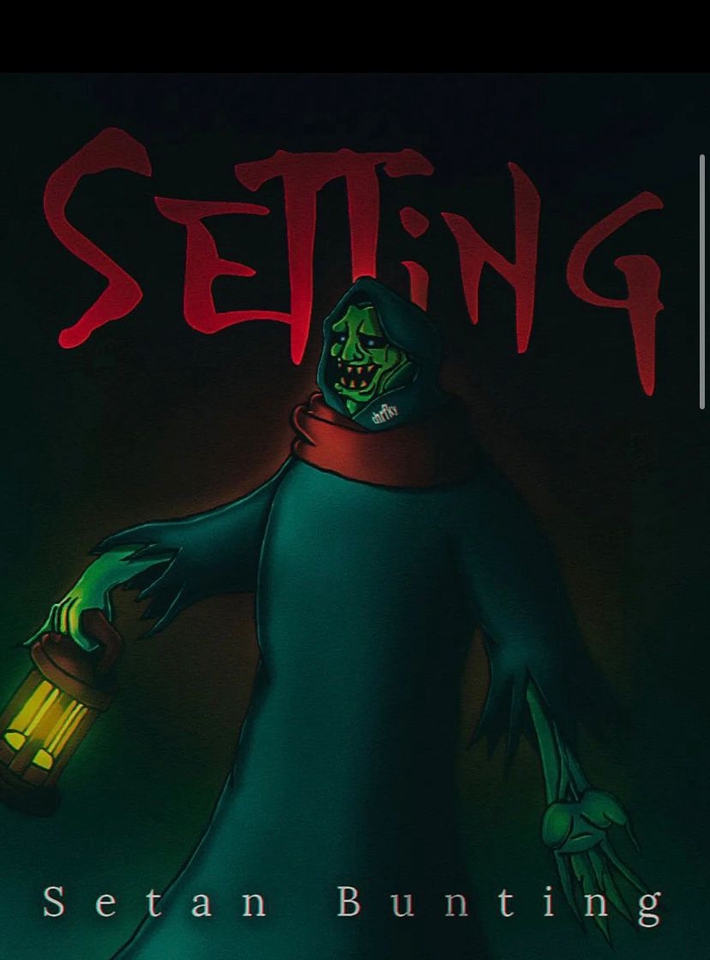 Ilustrasi karakter setan memegang lampu dengan latar belakang tulisan "Setting" - jasa ilustrasi, gambar ilustrasi, jasa desain ilustrasi, jasa illustrator, ilustrasi setan, gambar setan, ilustrasi karakter, jasa pembuatan vector, ilustrasi digital, ilustrasi online, membuat ilustrasi, jasa filter instagram, filter instagram, filter ig