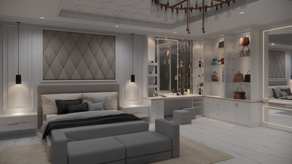 Desain interior kamar tidur minimalis dengan desain dinding unik dan lampu gantung modern.