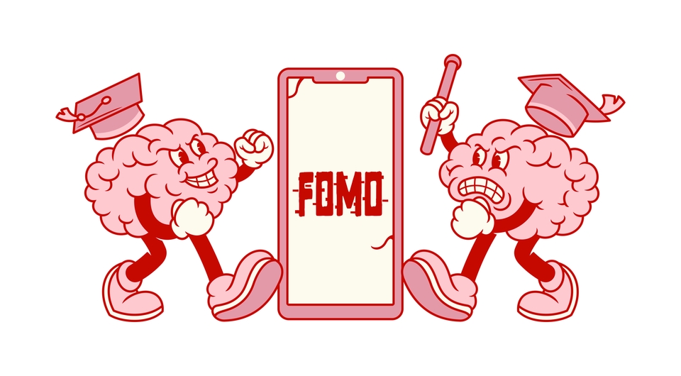 Dua desainer grafis sedang bertengkar tentang desain kaos di depan layar smartphone yang menampilkan tulisan FOMO.