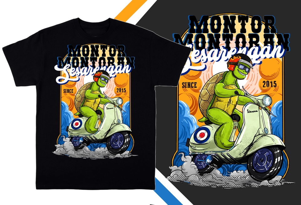 Ilustrasi kura kura mengendarai motor vespa dengan latar belakang warna kuning, biru dan putih, untuk jasa ilustrasi karakter kartun.