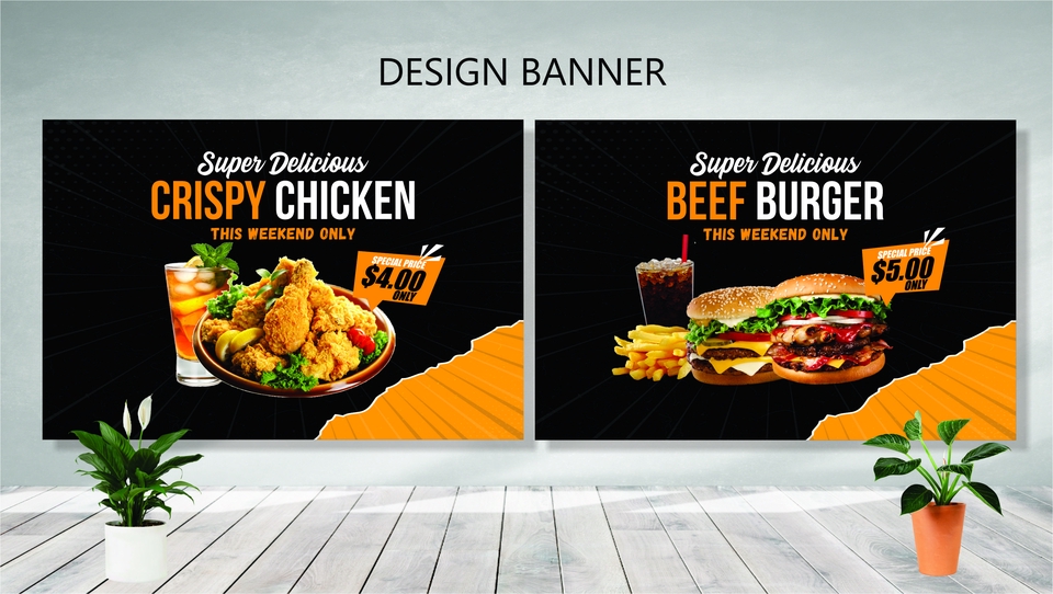 Desain spanduk kreatif untuk promosi makanan krispi dan burger dengan harga menarik.