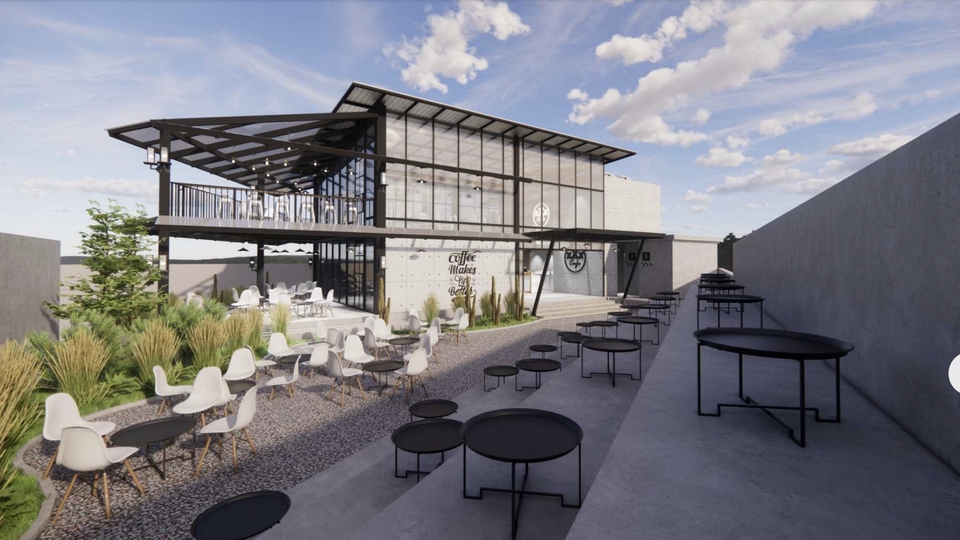 Jasa Desain Eksterior Cafe 3D Minimalis Modern dengan Area Outdoor