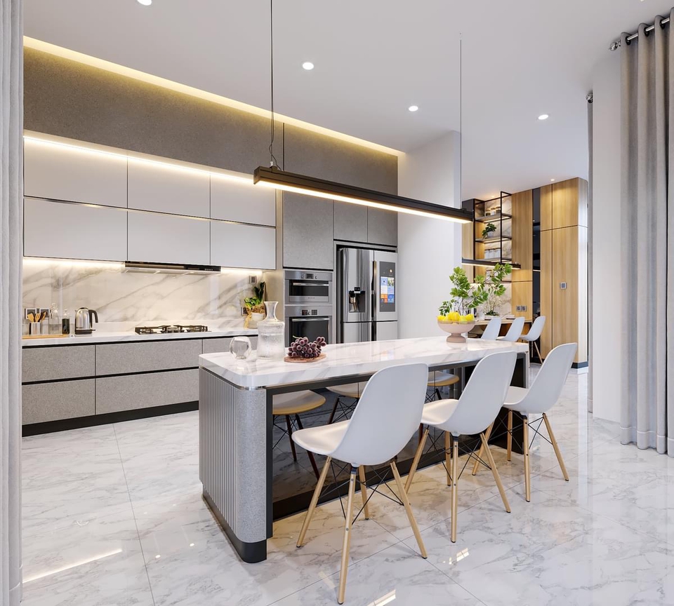 Jasa desain interior dapur minimalis modern dengan kitchen set dan meja makan.