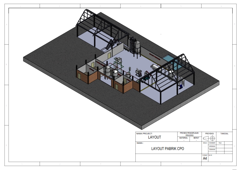 Desain 3D layout pabrik CPO untuk jasa arsitek dan desain interior di Indonesia.