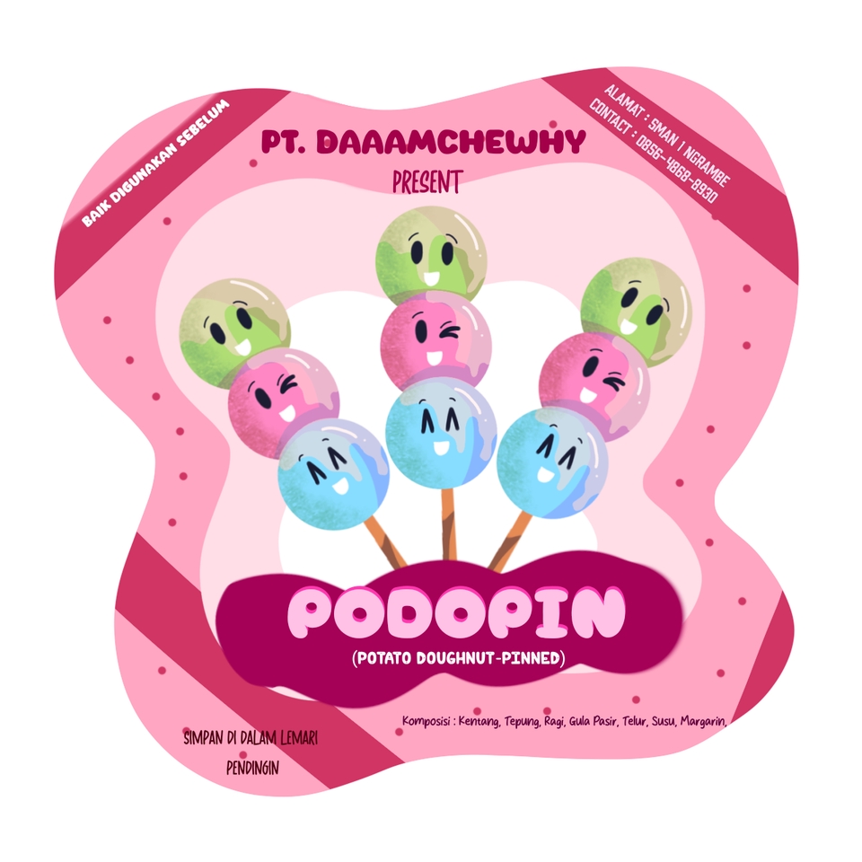 Jasa desain packaging makanan podopin dengan desain unik dan lucu, cocok untuk snack atau makanan ringan.