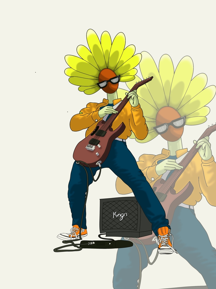 Jasa ilustrasi digital gitaris bunga matahari keren, gambar ilustrasi kartun unik.