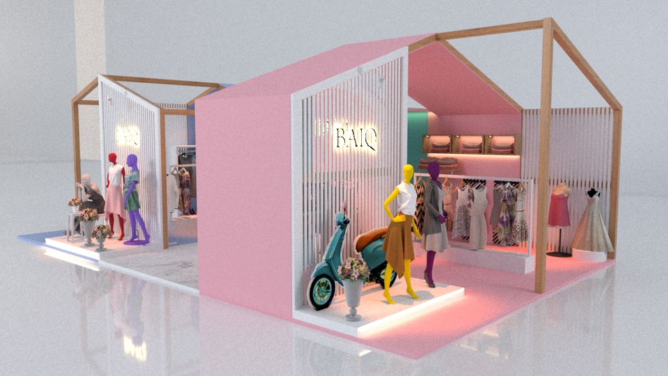 Desain booth pameran minimalis dengan interior dan eksterior 3d untuk toko pakaian