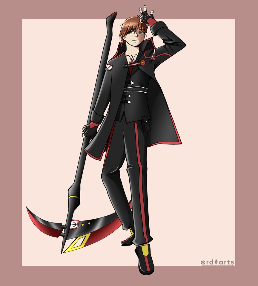 Ilustrasi karakter laki-laki memegang senjata dengan desain futuristik. Ilustrasi anime dengan pose heroik.