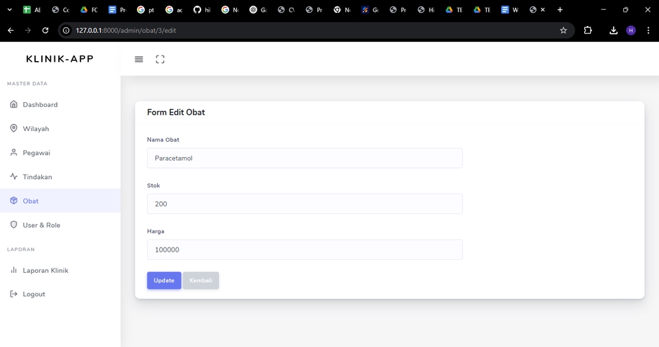 Form edit obat untuk website klinik, jasa pembuatan website klinik, website dokter, website apotek, jasa web developer.