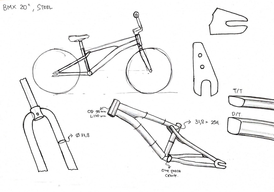 Ilustrasi desain sepeda BMX dengan detail rangka, roda, dan fork