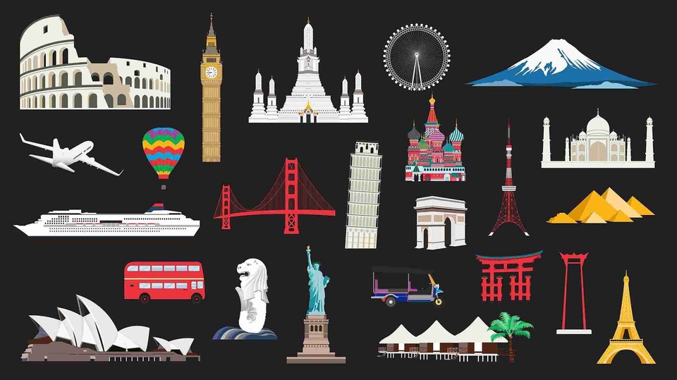 ภาพวาดเวกเตอร์ แหล่งท่องเที่ยวต่างประเทศ หลากหลายแบบ สวยงาม