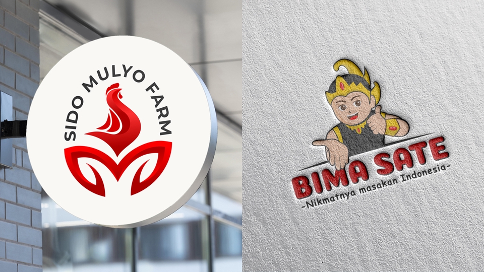 Desain logo profesional untuk usaha kuliner Bima Sate dengan logo chicken farm Sido Mulyo Farm
