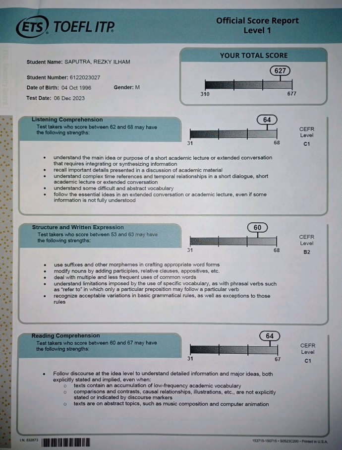 Skor Toefl Saputra Rezky Lham dengan skor total 627. Penerjemah bahasa inggris, jasa penerjemah bahasa inggris, jasa translate, penerjemah bahasa arab, terjemahan indonesia.