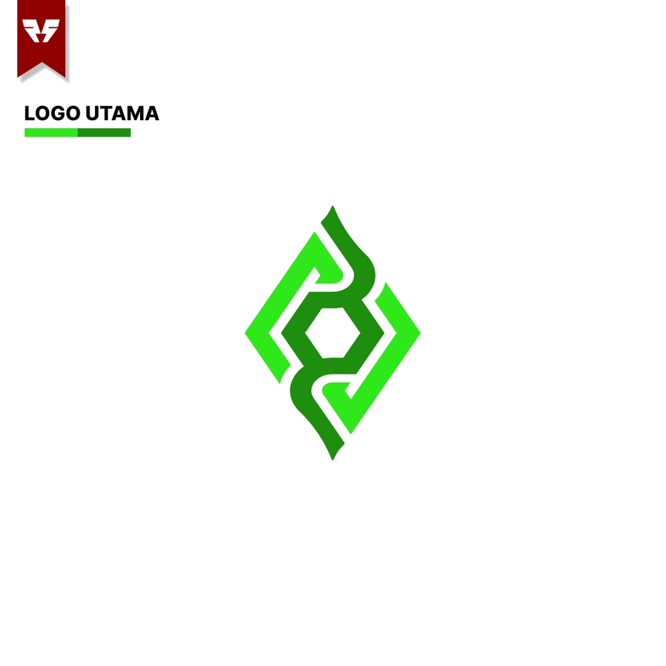 Desain logo modern dengan warna hijau dan bentuk kotak yang unik.