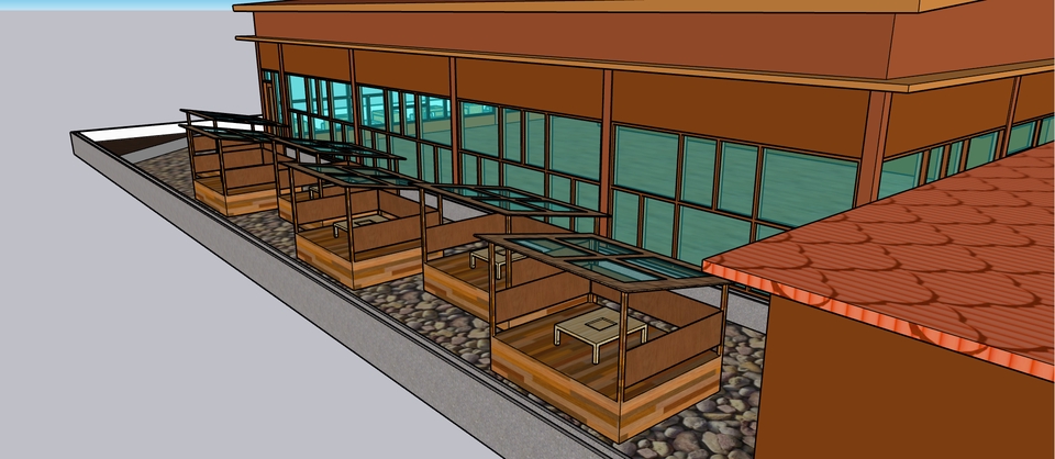 Jasa drafter autocad freelance untuk desain cafe dengan taman terbuka dan atap kayu