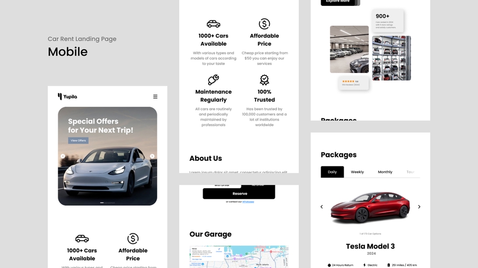 Desain UI UX mobile aplikasi rental mobil dengan tampilan minimalis modern untuk pengguna Indonesia.