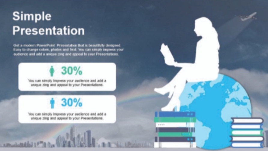 Desain presentasi powerpoint sederhana dengan konsep dunia dan buku, jasa pembuatan presentasi powerpoint profesional, desain slide presentasi murah.