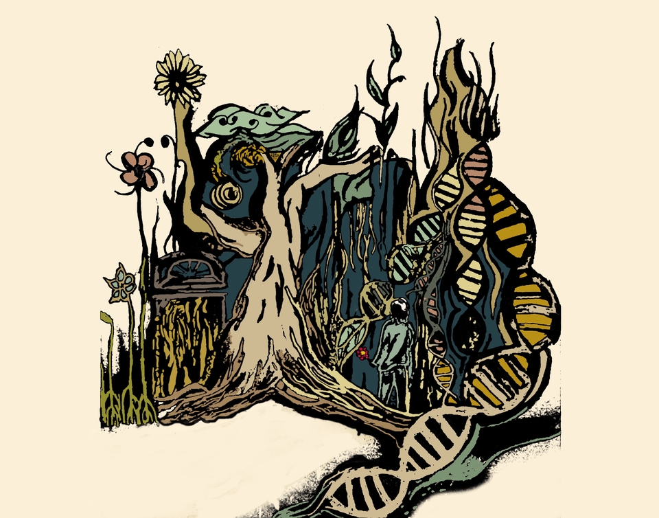 Ilustrasi digital berwarna-warni dengan konsep alam, menampilkan tanaman, bunga, dan makhluk hidup. Gambar ini cocok untuk proyek ilustrasi digital, ilustrasi alam, dan ilustrasi flora fauna.