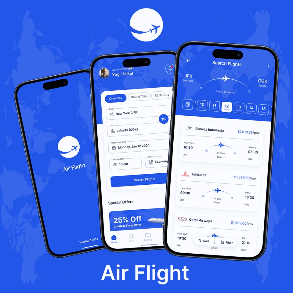 Desain antarmuka pengguna aplikasi mobile untuk pemesanan tiket pesawat, dengan fitur pencarian tiket, filter, dan detail harga.