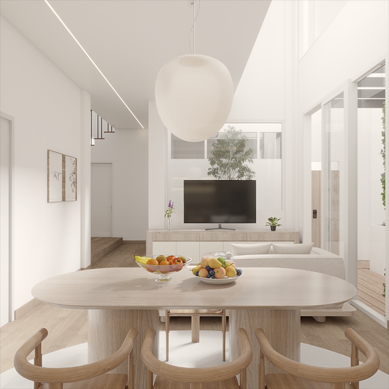 Desain interior ruang makan minimalis modern dengan meja makan kayu dan kursi kayu. Jasa desain interior rumah, desain interior cafe, desain interior kantor.