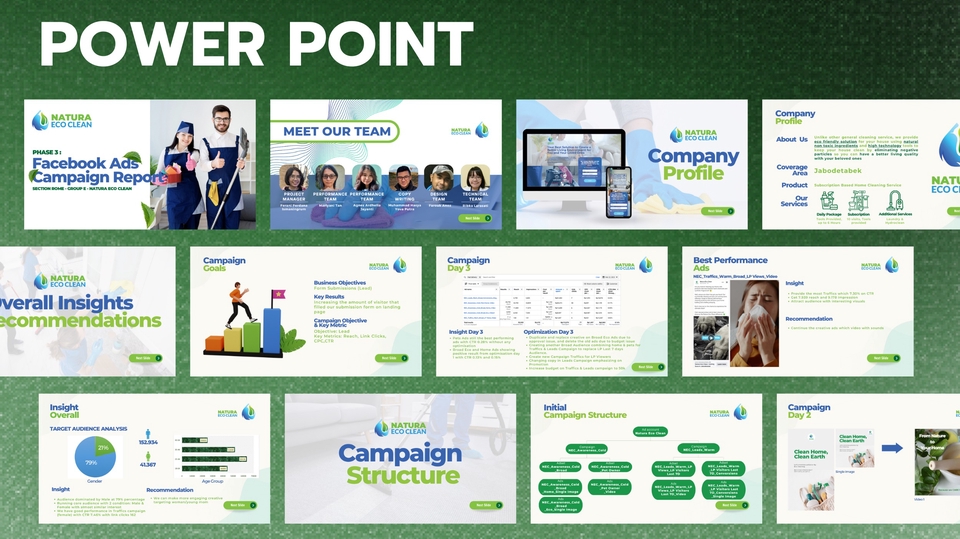 Desain template presentasi power point untuk bisnis jasa cleaning.