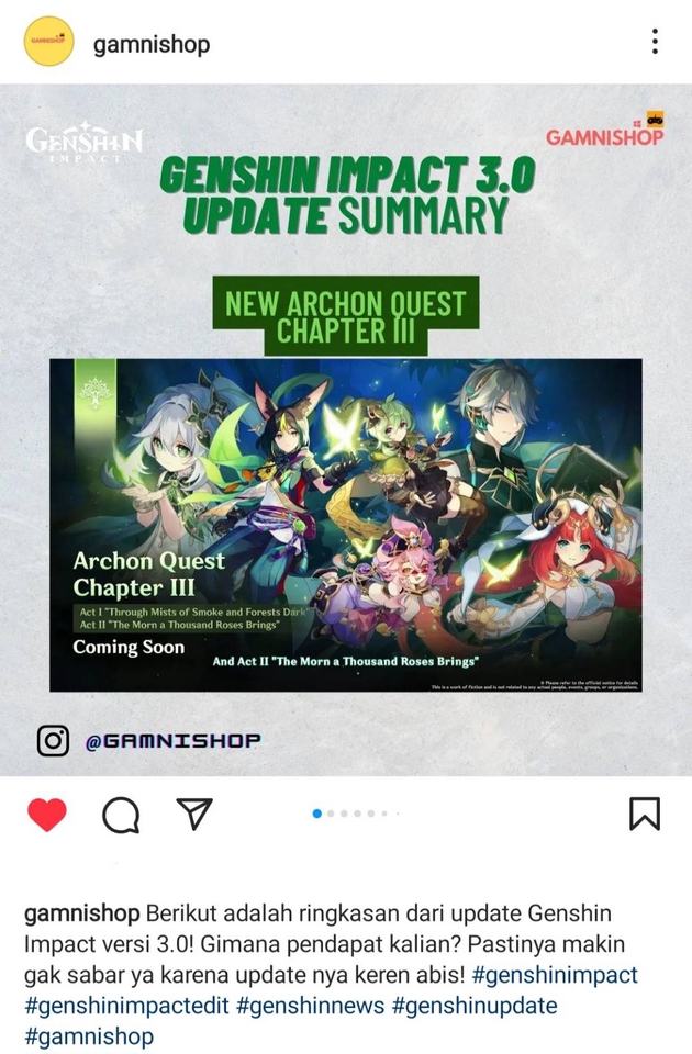 Caption ig tentang update Genshin Impact 3.0, dengan gambar posternya. #genshinimpact #genshinimpact edit #genshinnews #genshinupdate #gamnishop.