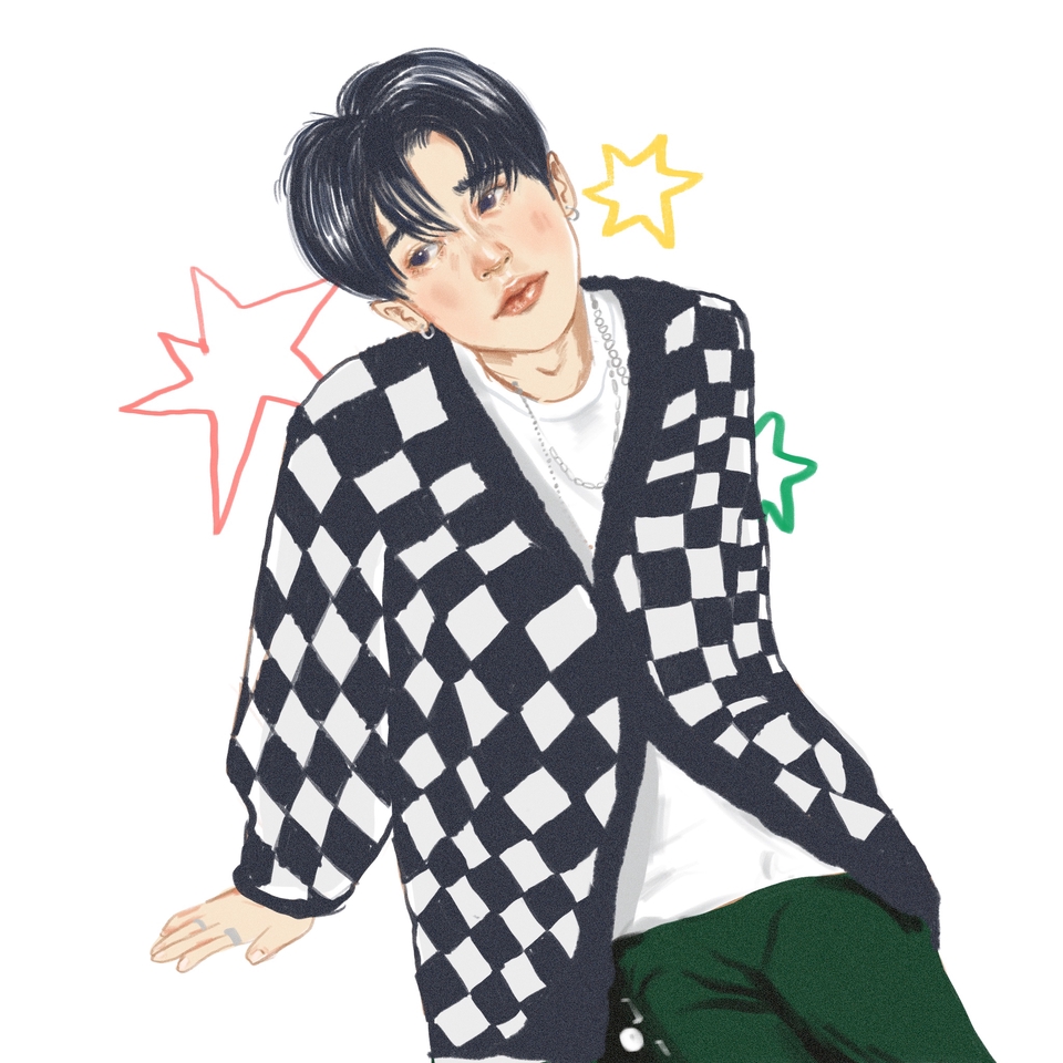 แฟนอาร์ตการ์ตูน ศิลปินชาย ผมดำ แต่งตัวเสื้อคลุมลายตาราง ออกแบบแฟนอาร์ต รับวาดแฟนอาร์ต รับวาด fanart