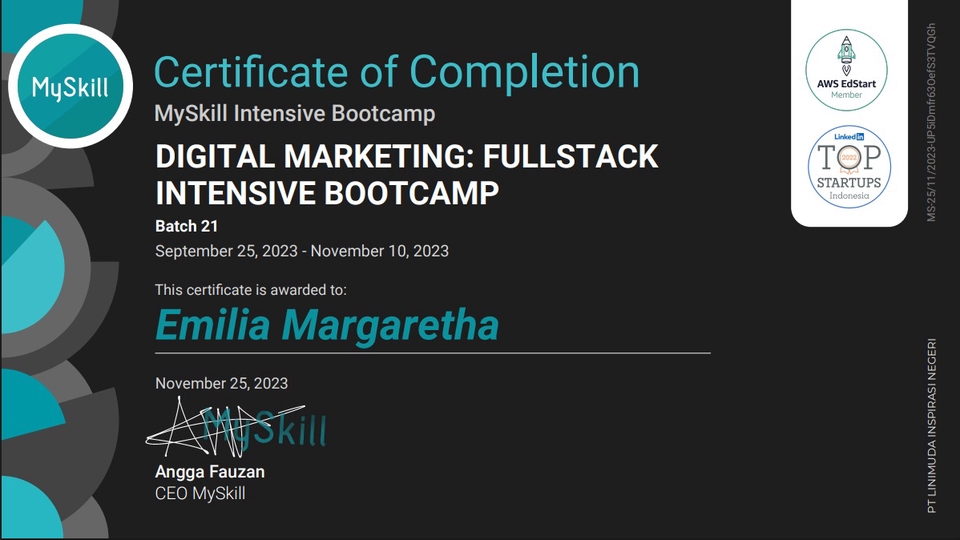 Sertifikat pelatihan digital marketing fullstack dari MySkill untuk Emilia Margaretha