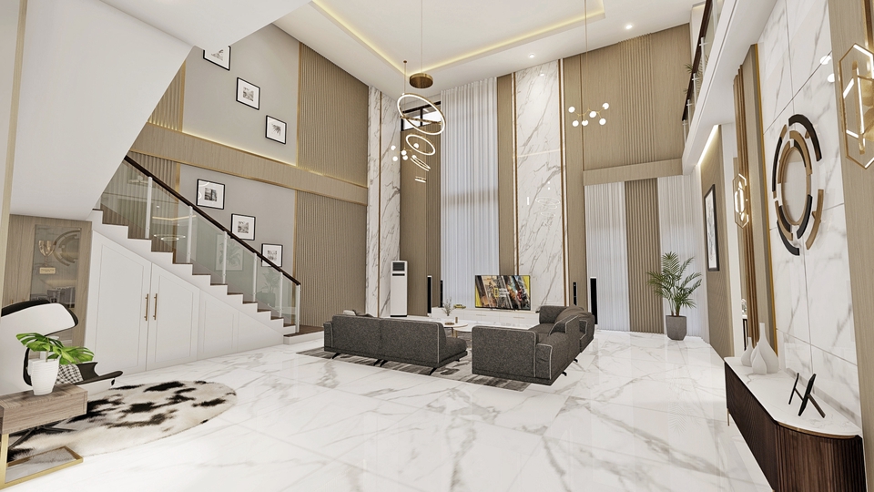 Desain interior rumah minimalis modern dengan ruang tamu dan tangga, jasa desain interior rumah 3d, desain interior, rumah minimalis, jasa desain interior, desain rumah, interior rumah, jasa arsitek.