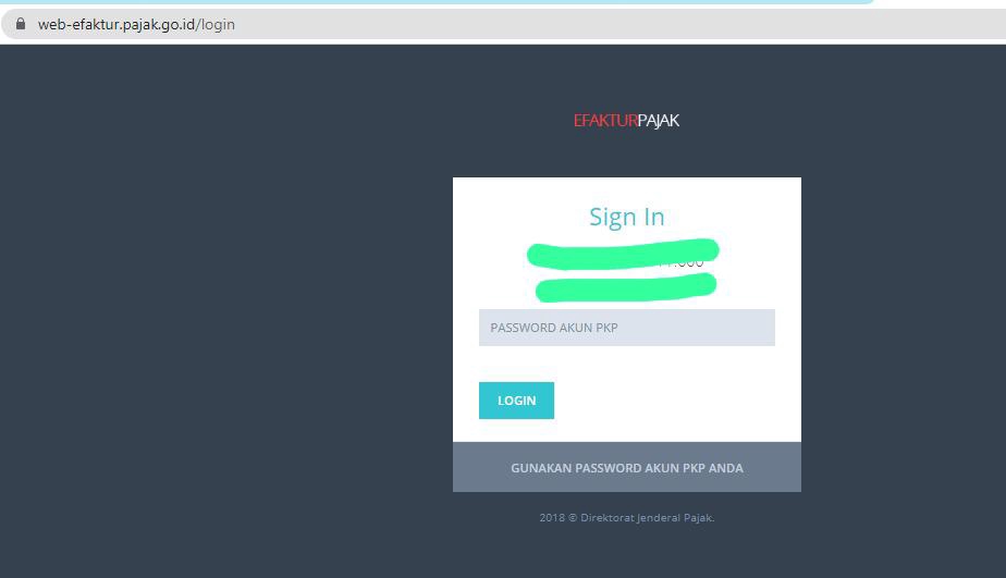 Login halaman website efaktur pajak untuk mengakses layanan financial dan akuntansi online.