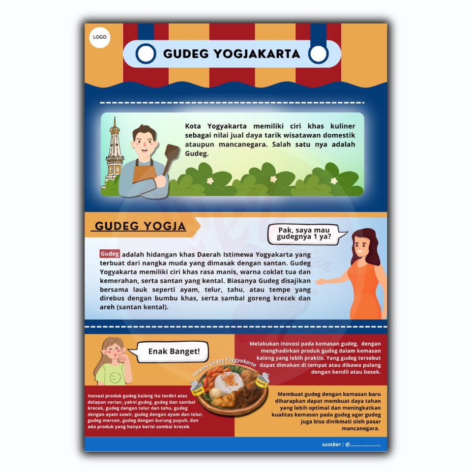 Infografis tentang kuliner khas Jogja Gudeg yang lezat, bikin infografis desain data infografis tentang kuliner nusantara dengan desain menarik dan professional.