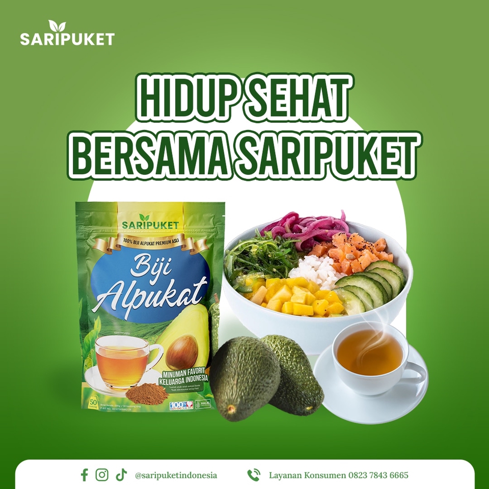 Jasa branding produk makanan dan minuman dengan logo Saripuket, biji alpukat, dan makanan sehat